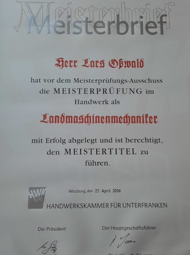 Meisterbrief Landmaschinenmechaniker