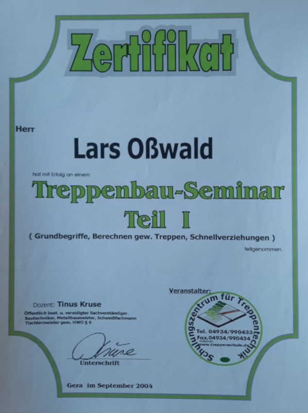 Lars Oßwald Zertifikat Treppenbau