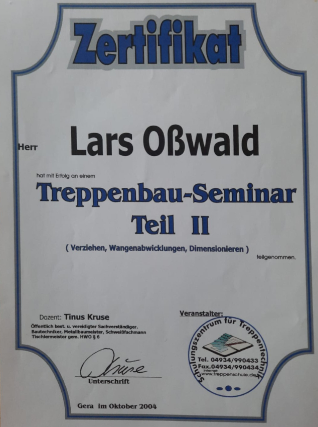 Lars Oßwald Zertifikat Treppenbau 2